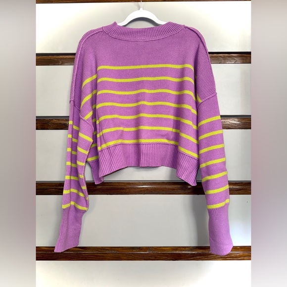 Free People Stripe Easy Street Cropped Pullover Lavender & Lime Sweater Size M 💜 - Picture 8 of 9